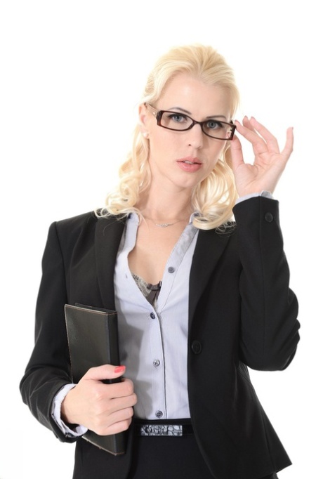 Blonde businesswoman Ms Lynna takes off her glasses while stripping naked 57011961